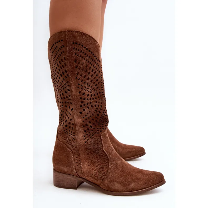 Zazoo 3305/P Bottines Mi-Mollet En Daim Ajourées Marron brun