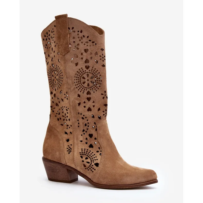 Zazoo Bottines Mi-Mollet Ajourées En Daim 3396 Beige